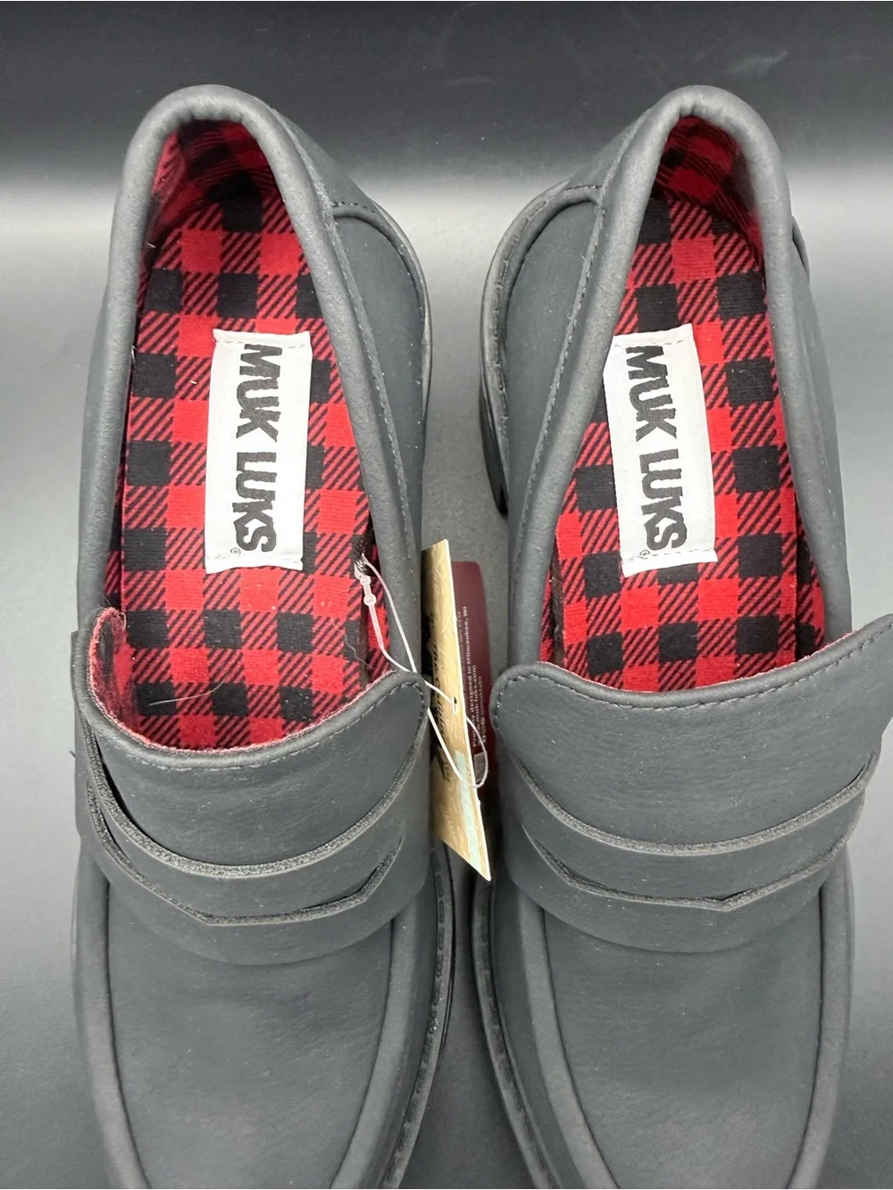 Muk Luks - Black Lug Heel Penny Loafers with Red Plaid Lining